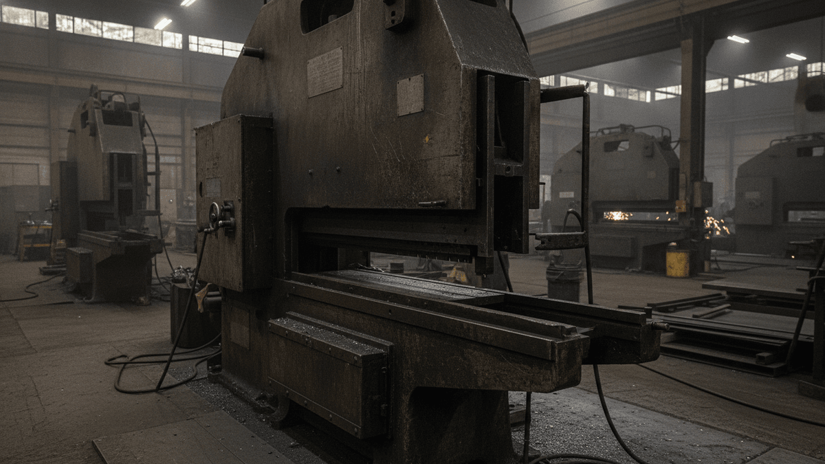 A heavy industrial guillotine machine with a missing safety guard on a factory floor. Other industrial equipment is visible in the background.