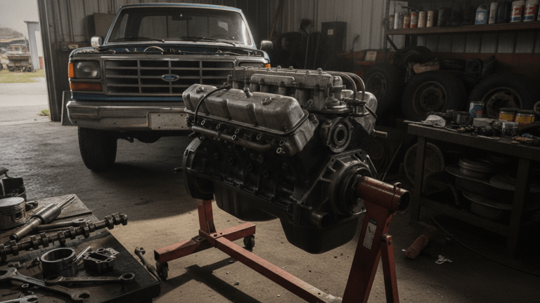 A Ford 300 cubic-inch inline-six engine on a red engine stand in a garage, with an older blue Ford F-Series truck in the background.