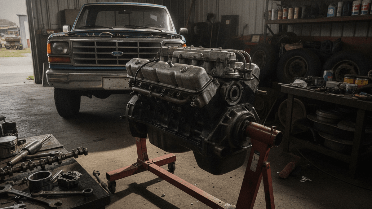 A Ford 300 cubic-inch inline-six engine on a red engine stand in a garage, with an older blue Ford F-Series truck in the background.