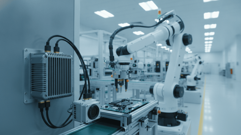 A compact industrial AI vision control system mounted on machinery, with cameras and a robotic arm on an assembly line.