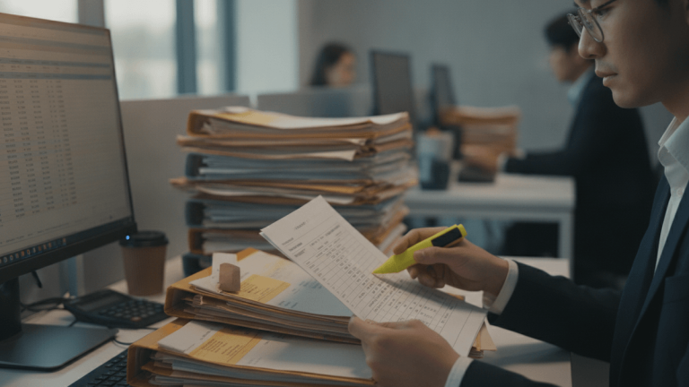 A bank employee meticulously verifies and reconciles stacks of export and import trade documents with digital records.