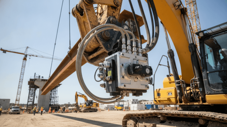 A close-up of a hydraulic manifold system with a diverter valve on an excavator arm at a construction site.