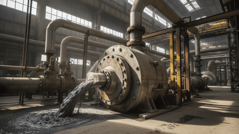 A large, worn industrial mining pump at eye level, actively circulating dark ore slurry that flows into a pool on the ground.