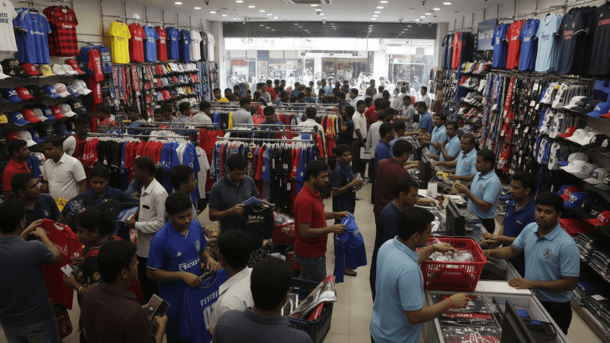 A medium wide shot of a crowded sports merchandise store with customers and staff