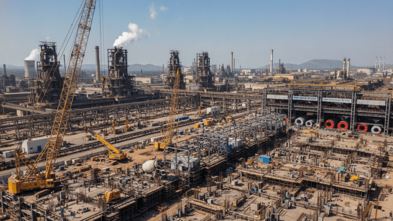 An aerial wide shot of a large steel manufacturing facility in India under construction, with cranes and new structures.