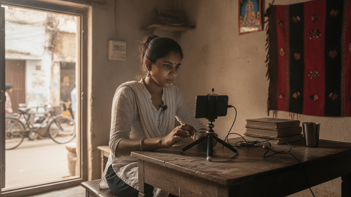 A young woman sits at a wooden table in a simple room, focused on a smartphone mounted on a tripod.