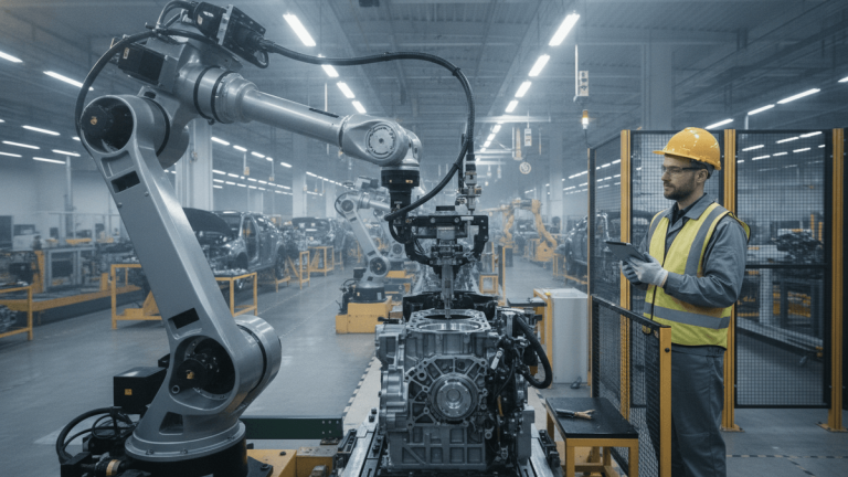 A multi-axis robotic arm works on an engine block on an assembly line while a human operator in safety gear observes.