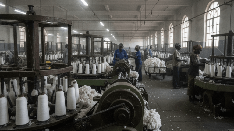 Inside a large textile factory, several workers operate industrial machines spinning cotton into thread.
