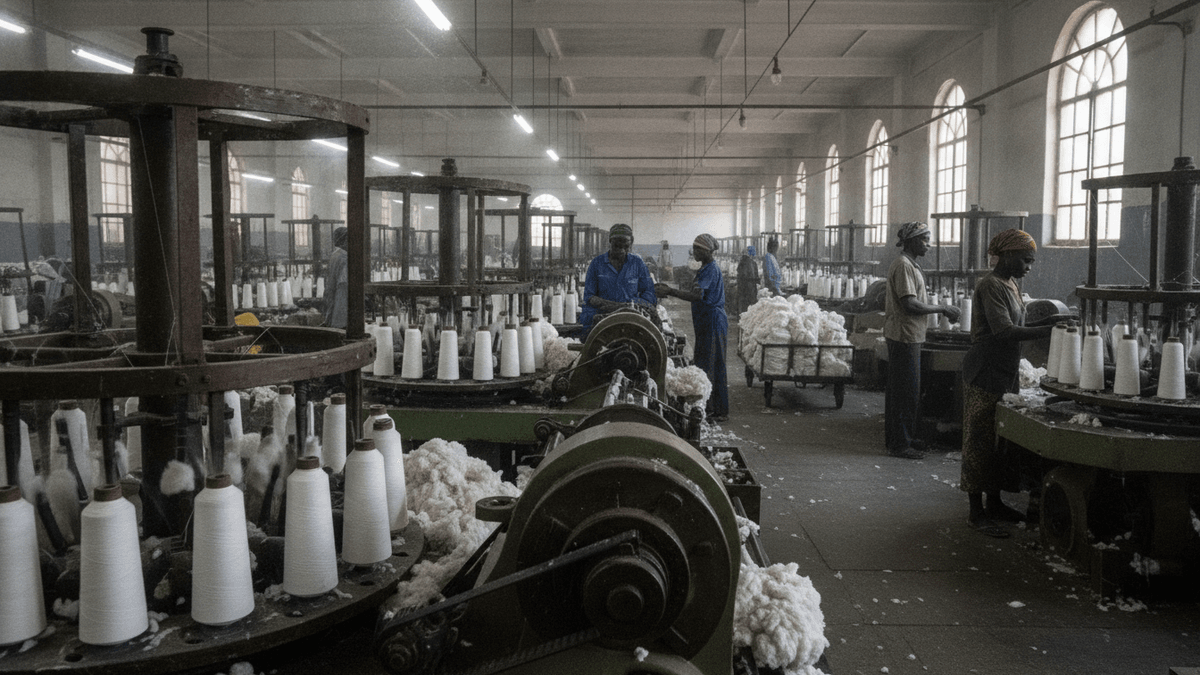 Inside a large textile factory, several workers operate industrial machines spinning cotton into thread.