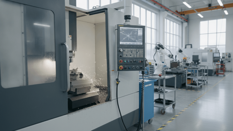 A multi-axis machining center actively cutting a metal component, with a digital interface visible.