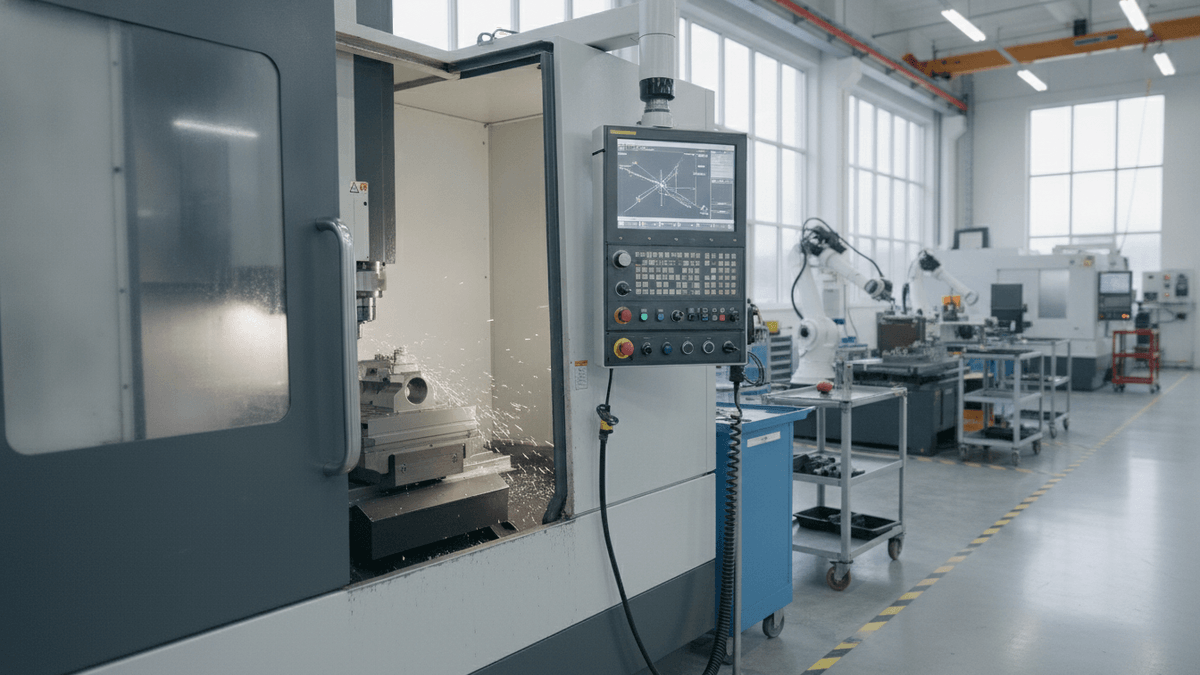 A multi-axis machining center actively cutting a metal component, with a digital interface visible.