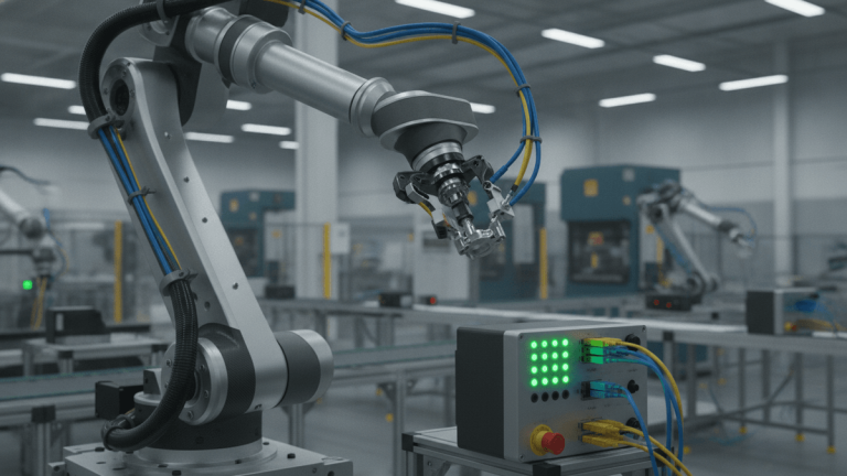 A multi-axis robotic arm operates near a control unit with green LED status lights and yellow, blue, and black cables.