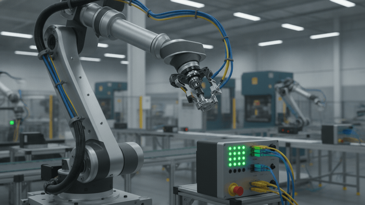 A multi-axis robotic arm operates near a control unit with green LED status lights and yellow, blue, and black cables.