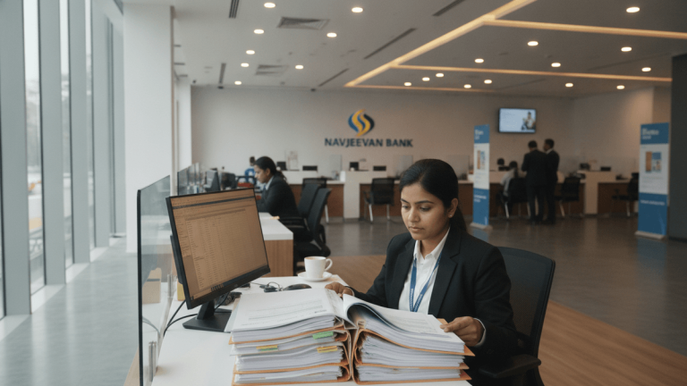 An Indian bank employee in a suit reviews loan documents at a desk in a modern bank office. The retail area behind is quiet.