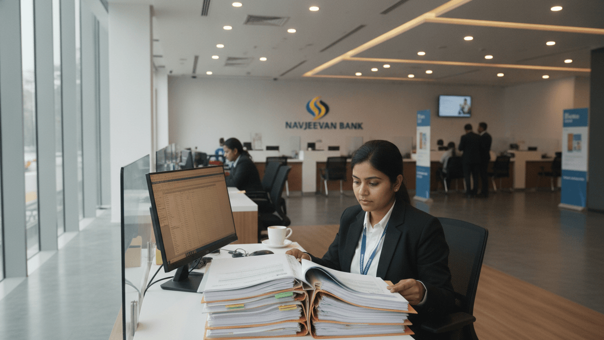 An Indian bank employee in a suit reviews loan documents at a desk in a modern bank office. The retail area behind is quiet.