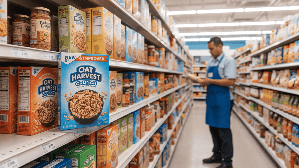 A box of "Oat Harvest Crunch" cereal is prominently displayed at eye level on a bright grocery store shelf.