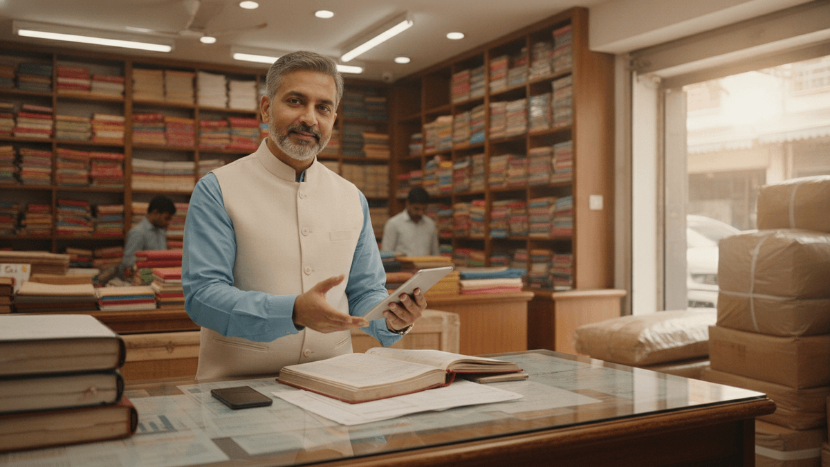 An Indian man in a vest and shirt stands in a wholesale shop, holding a tablet, with a ledger and phone on the counter.