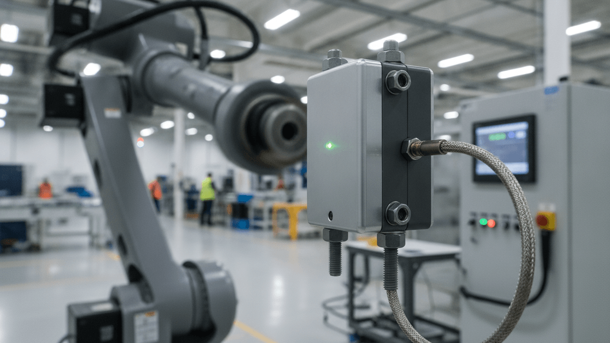 An industrial accelerometer attached to gray factory machinery with a blurred background of a manufacturing facility.