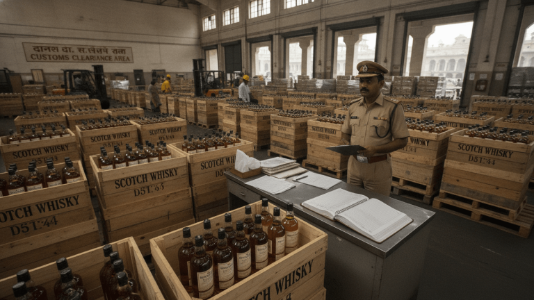 A wide shot of an Indian customs official in uniform, standing amidst numerous wooden crates of Scotch whisky.