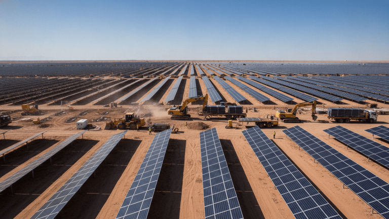 Wide shot of a solar farm under construction, with rows of panels and heavy machinery.