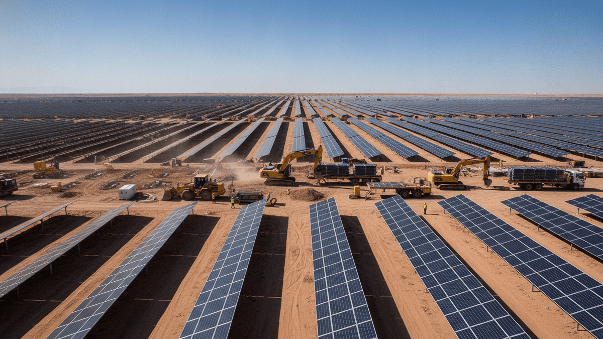 Wide shot of a solar farm under construction, with rows of panels and heavy machinery.