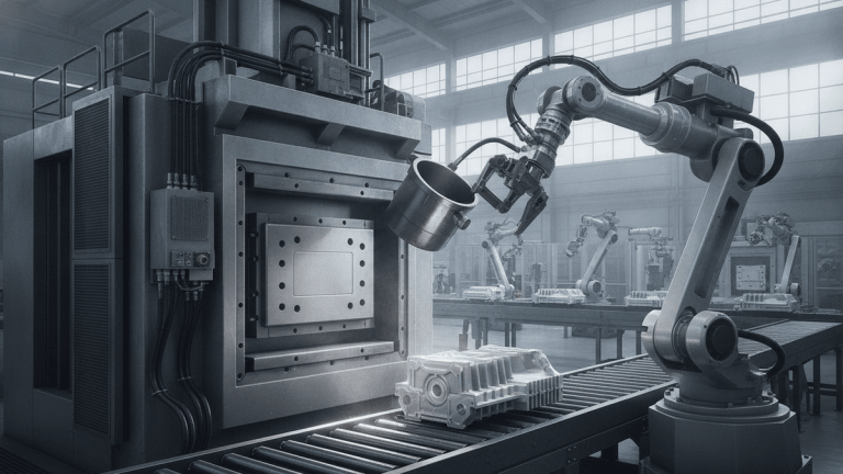 A high-pressure die casting machine and a robotic arm in a modern factory, with a newly cast metallic component on a conveyor.