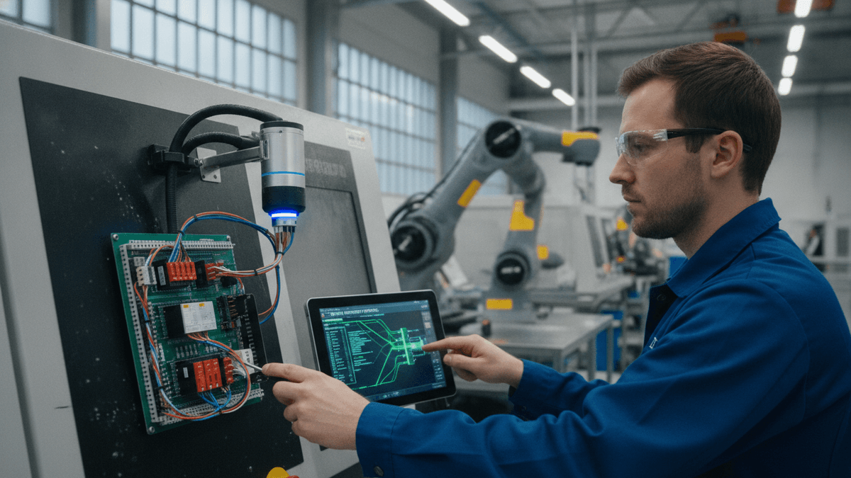 An engineer in safety glasses and a blue uniform works on a machine's control panel, connecting wires and interacting with a digital display.