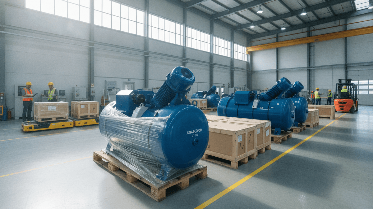 A large blue industrial compressor wrapped in plastic on a wooden pallet in a factory, with other compressors, workers, and machinery in the background.
