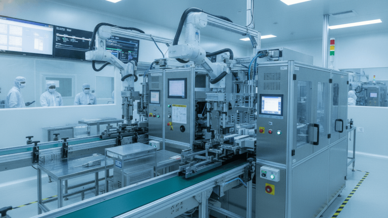 Interior view of a clean room with robotic arms and conveyor belts processing semiconductor wafers.