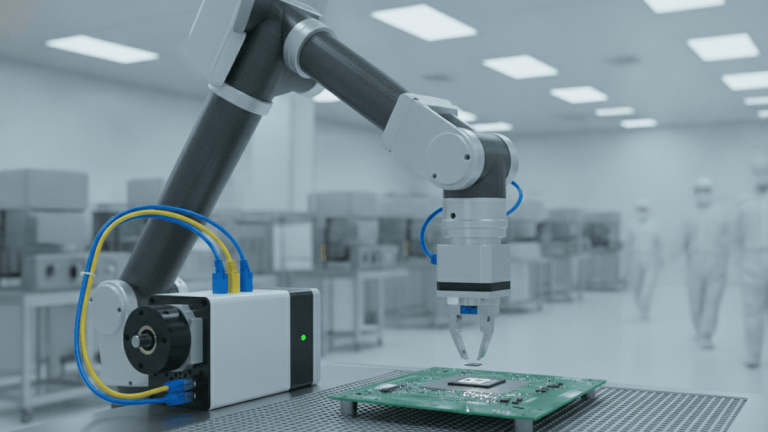 A robotic arm, connected to a stepper motor with yellow and blue ethernet cables, places a microchip onto a circuit board.
