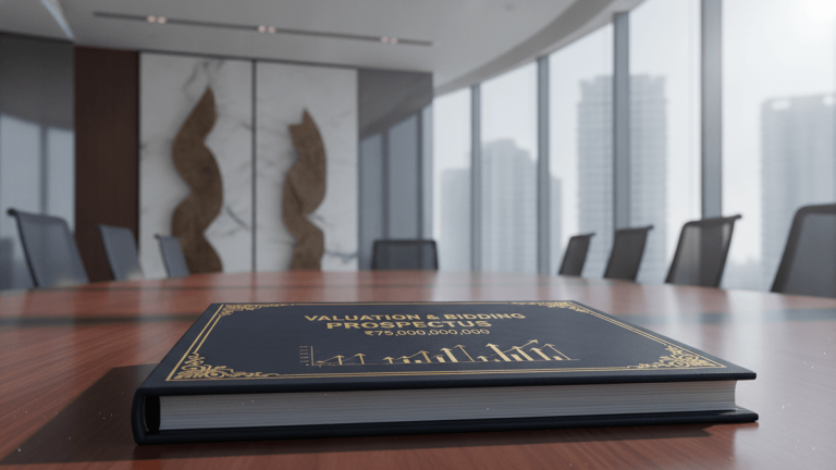 A formal commercial contract document rests prominently on a polished wooden conference table in a modern Indian boardroom.