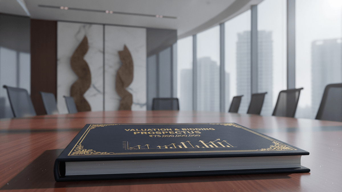 A formal commercial contract document rests prominently on a polished wooden conference table in a modern Indian boardroom.