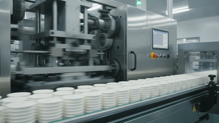A medium shot of an automated industrial machine producing white paper cups, stacked on a conveyor belt.