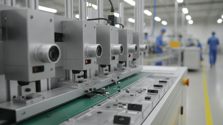 A modern diameter sorting machine with visible sensors and small electronic components on a production line.