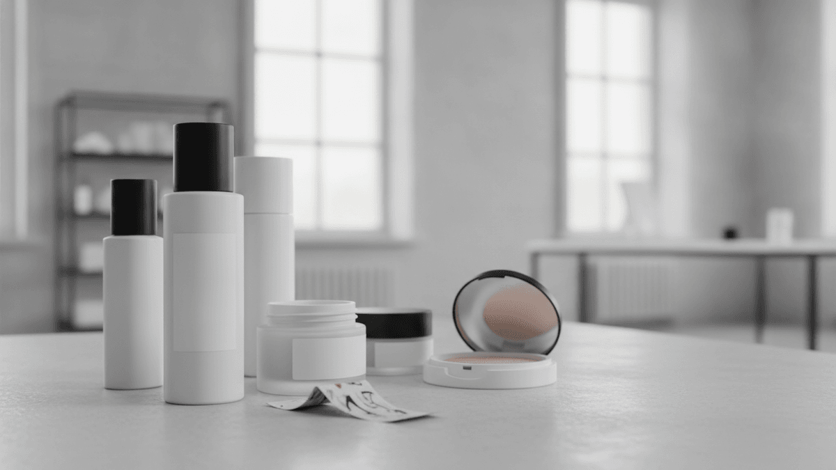 Various minimalist white beauty product bottles, jars, and compacts on a table. One product has a placeholder label.