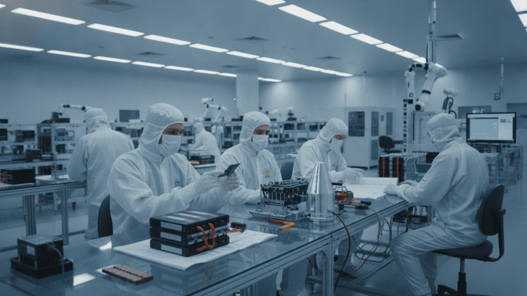 A group of engineers and technicians in cleanroom suits working on advanced AI chips, battery modules, and aerospace components.