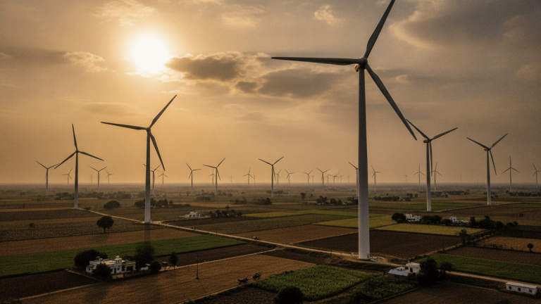 A wide, low-angle shot of numerous towering wind turbines rotating at sunset, surrounded by agricultural fields.
