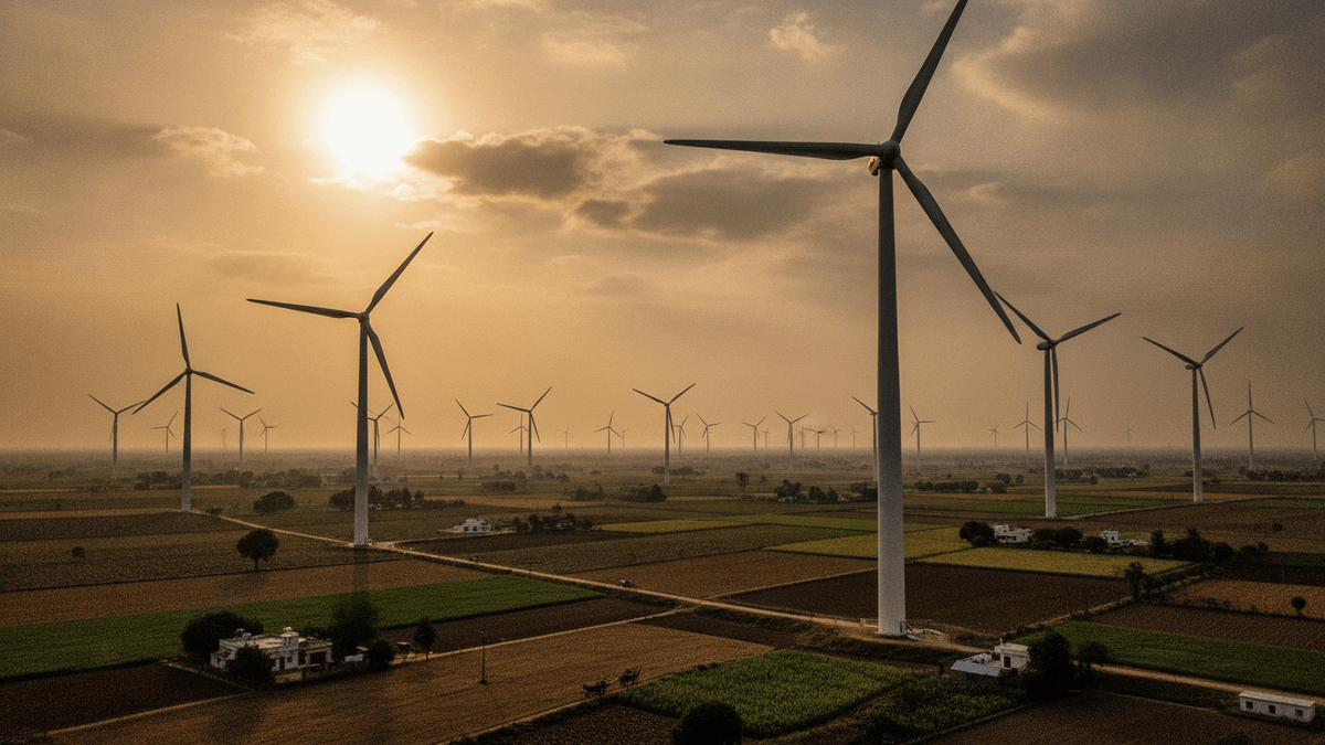 A wide, low-angle shot of numerous towering wind turbines rotating at sunset, surrounded by agricultural fields.