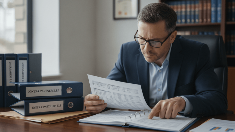 A man in a suit and glasses intently examines financial reports on a desk with legal binders.