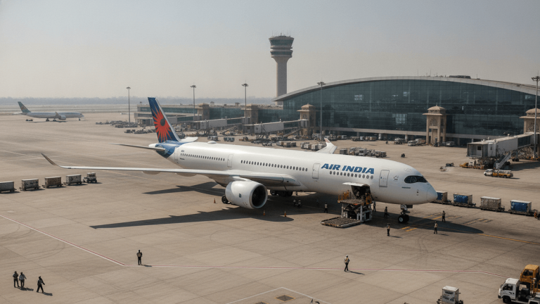 A wide, slightly elevated shot of an Air India plane on a sunny tarmac with ground crew and equipment, terminal, and control tower.
