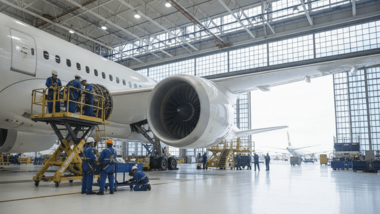 Technicians in safety gear work on an aircraft engine and landing gear in a spacious, brightly lit hangar.