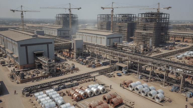 Wide, elevated shot of a vast industrial complex in India with large metal coils, machinery, and cranes.