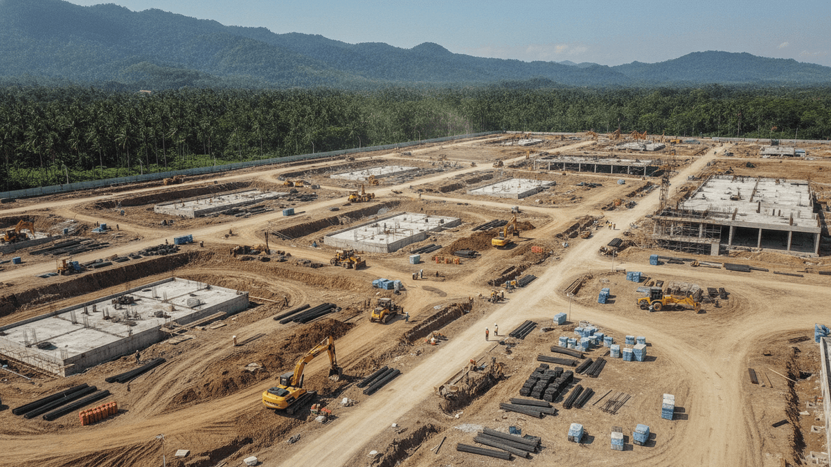 Aerial view of a large industrial park construction site with early foundational work and heavy machinery. Lush green mountains in background.