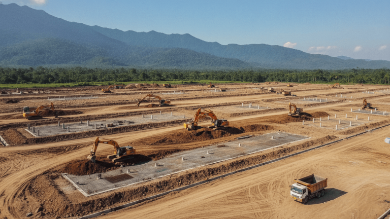 Wide shot of an industrial park construction site with multiple excavators, diggers, and other heavy equipment.