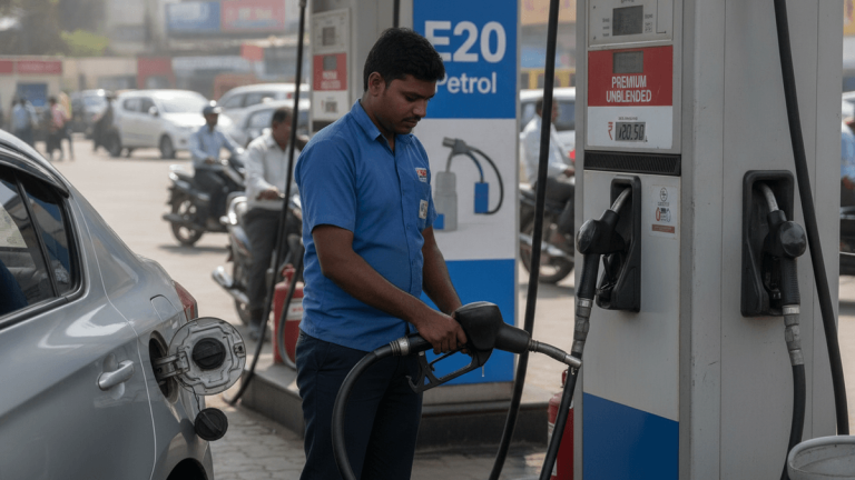 A fuel attendant in a blue uniform dispenses premium unblended petrol into a silver car's fuel tank.