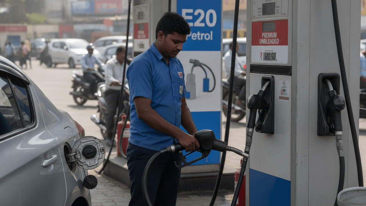 A fuel attendant in a blue uniform dispenses premium unblended petrol into a silver car's fuel tank.