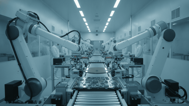 Robotic arms on an assembly line handle circuit boards and semiconductor wafers in a sterile cleanroom.