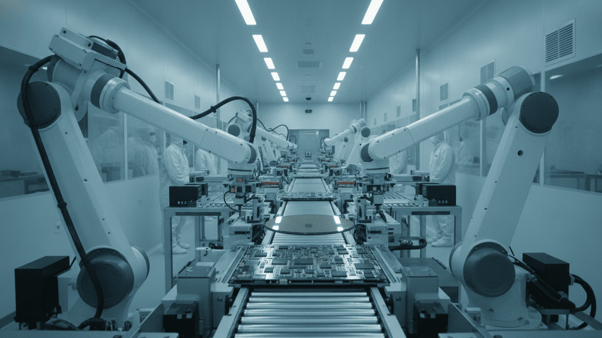 Robotic arms on an assembly line handle circuit boards and semiconductor wafers in a sterile cleanroom.