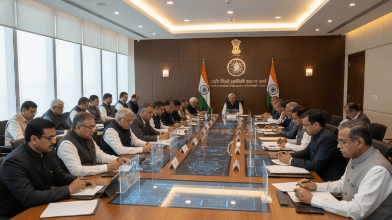 A group of financial regulatory officials are seated around a conference table in an Indian government building.