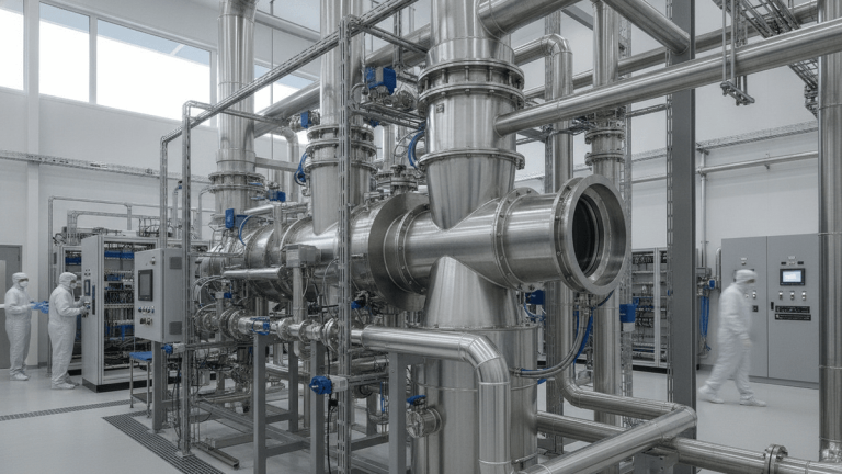An industrial Venturi wet scrubber integrated into a complex pipe system inside a modern, brightly lit semiconductor fabrication facility.